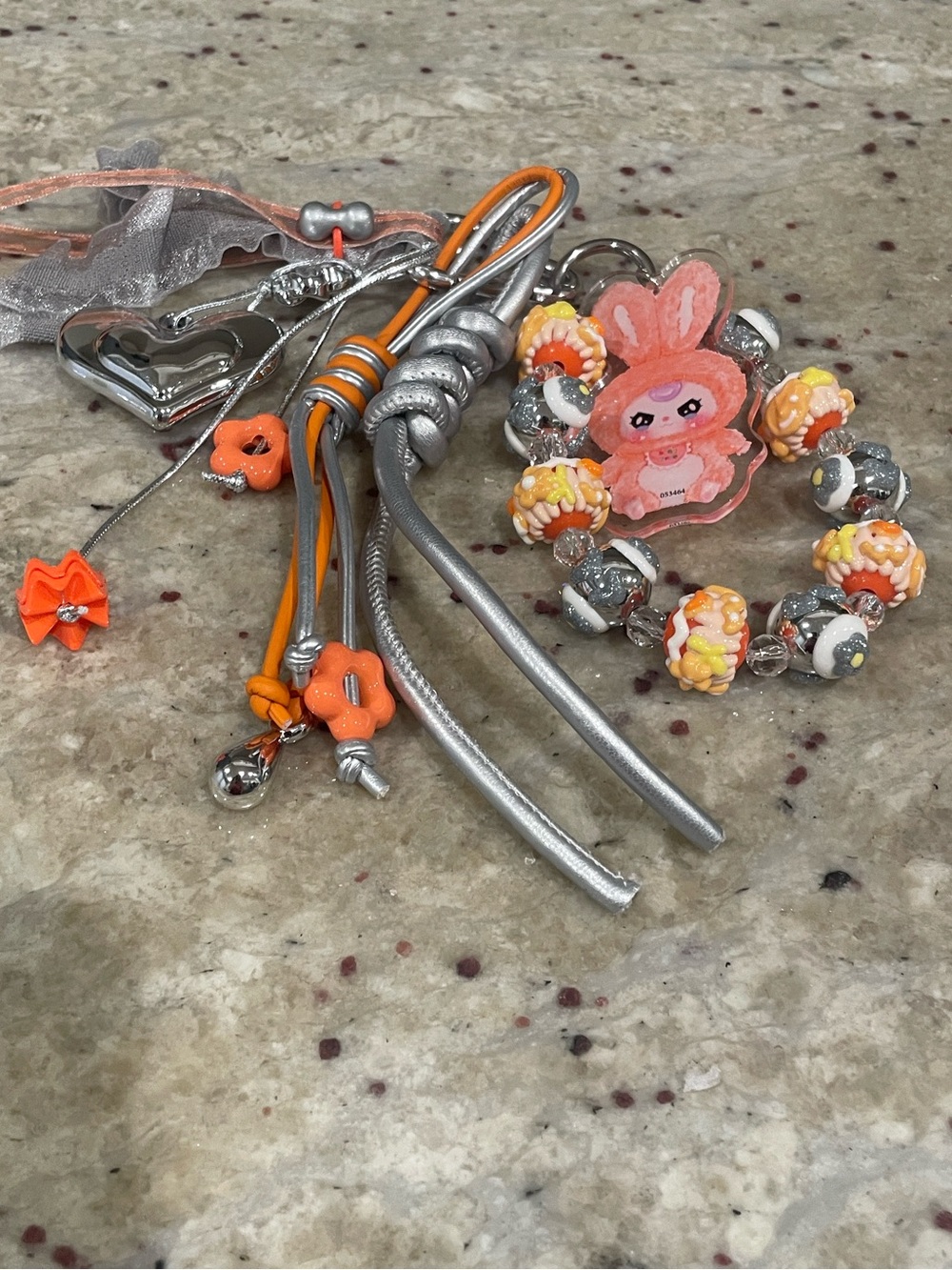 Baby Three Orange and Silver Charm Bracelet and Tassel Keychain Set